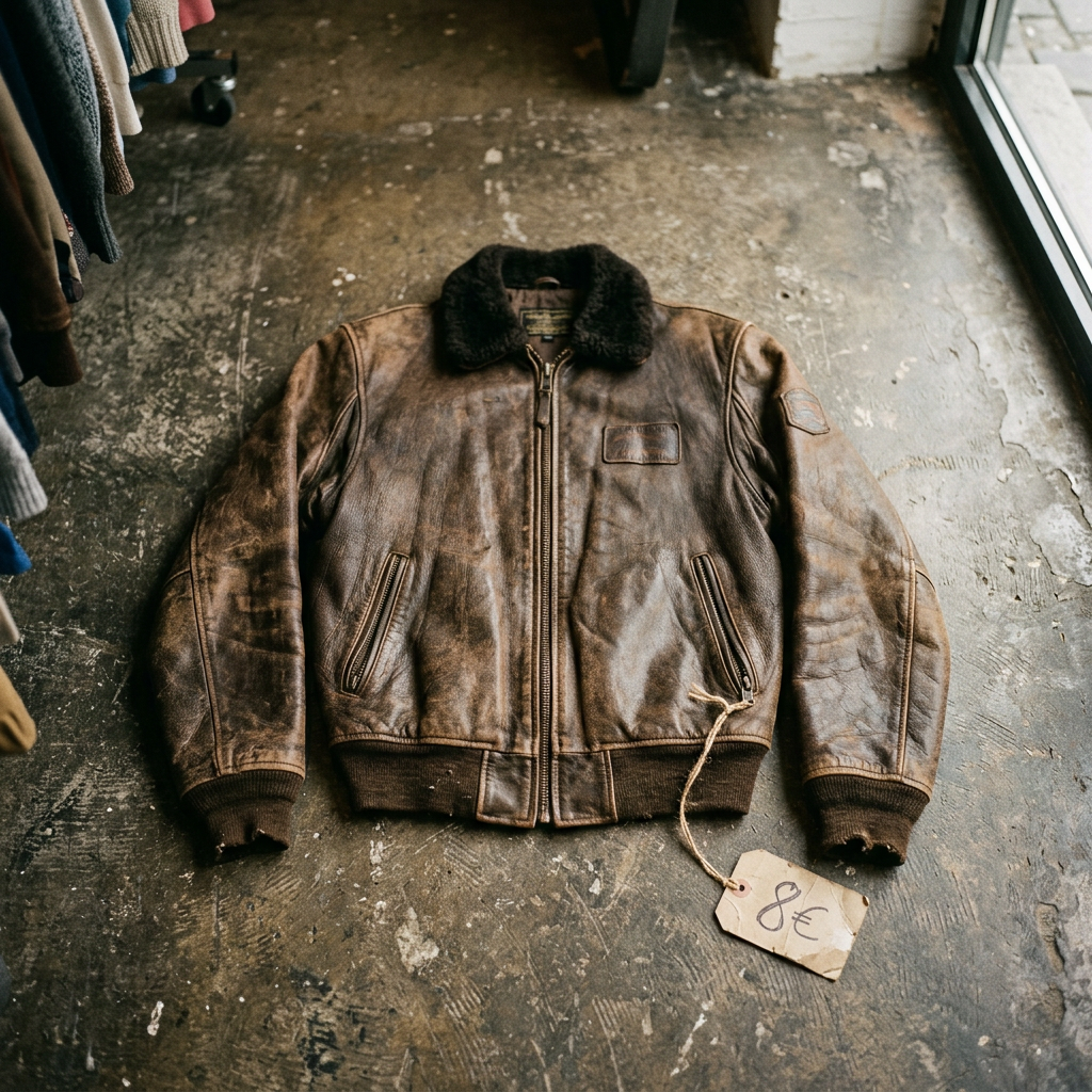 A worn leather bomber jacket photographed on a thrift-shop floor, framed as if captured mid-scan